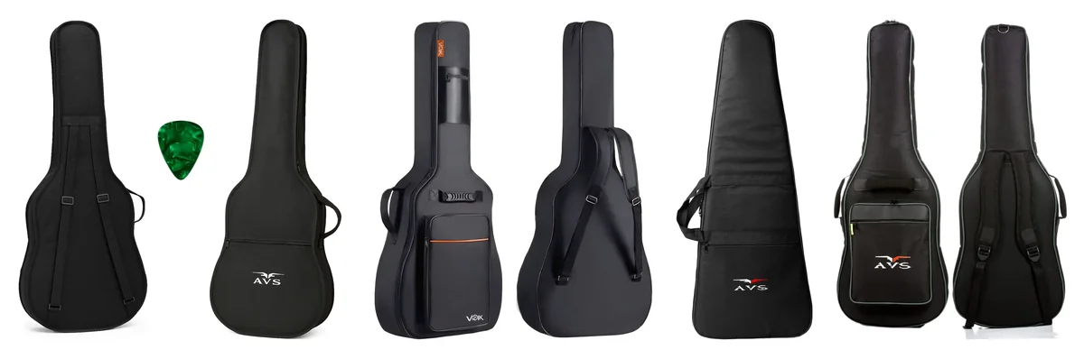 Capas acolchoadas pretas para violão e guitarra, frente e costas, em fundo branco