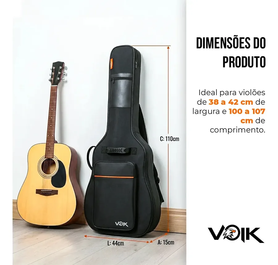 Capa Voik BV-4105P preta com detalhe laranja para violão — foto 4 de 4