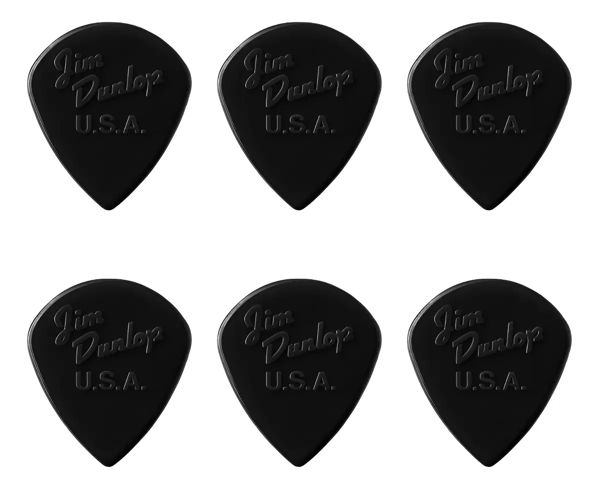 seis palhetas pretas Dunlop Jazz III em nylon, de ponta fina