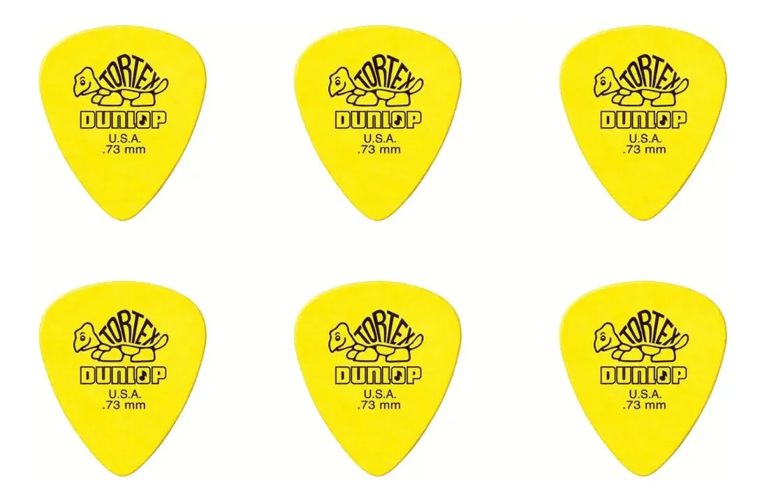 seis palhetas amarelas Dunlop Tortex de 0,73 mm