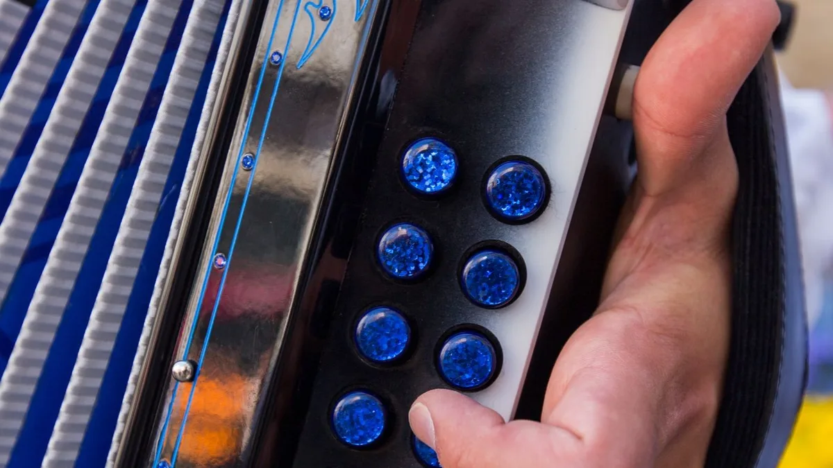 mão apertando os botões azuis dos baixos de um acordeon de acabamento preto e branco