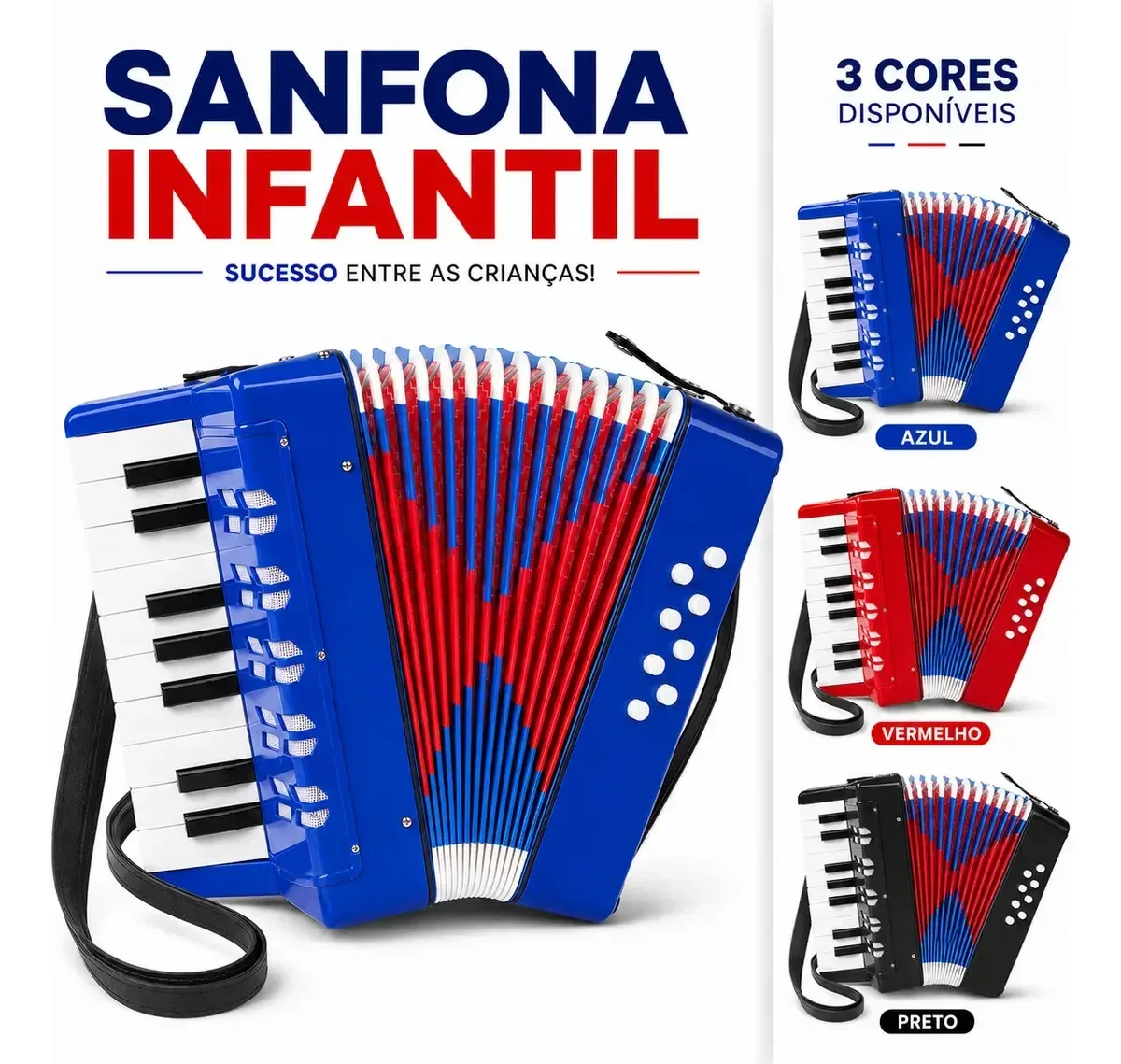 Acordeon infantil de 8 baixos e 17 teclas azul e vermelho — foto 3 de 4