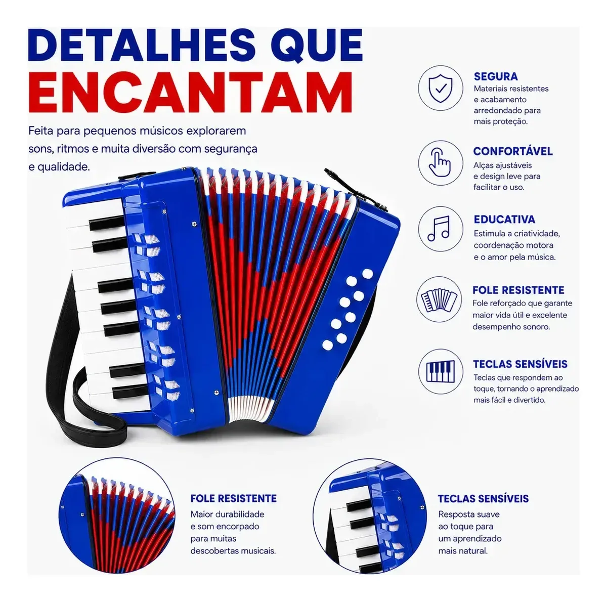 Acordeon infantil de 8 baixos e 17 teclas azul e vermelho — foto 4 de 4