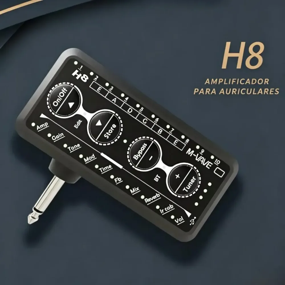Amplificador de fone M-Vave H8 preto plugado na guitarra com cabo USB-C — foto 3 de 4