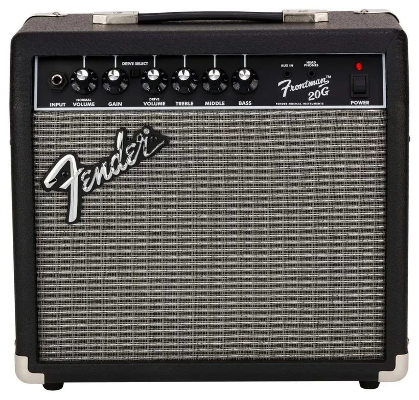 Amplificador Fender Frontman 20G de frente, combo preto com grade prateada