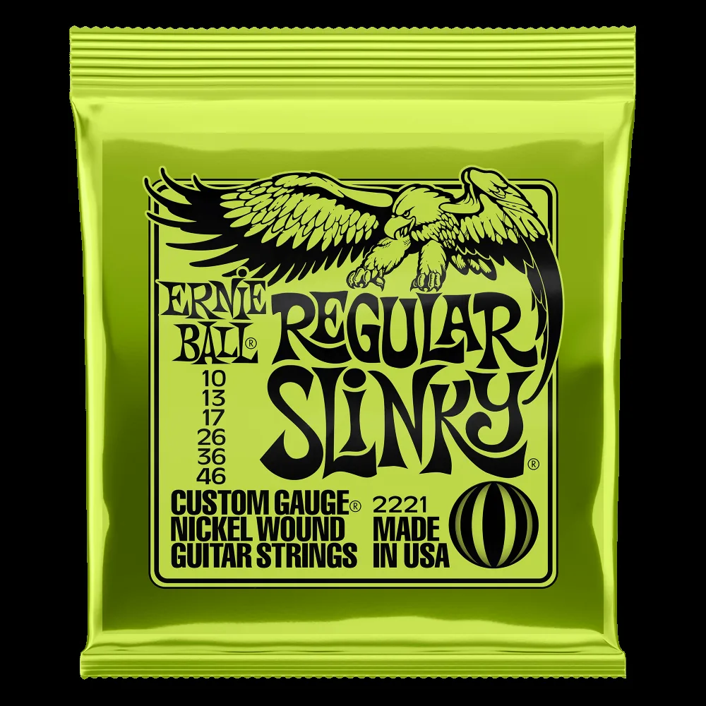 embalagem da Ernie Ball Regular Slinky com os calibres 10, 13, 17, 26, 36 e 46 impressos