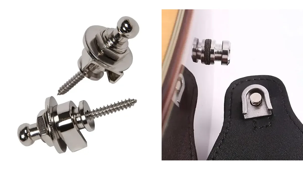 par de pinos strap lock prateados com trava de segurança e a instalação num corpo de guitarra