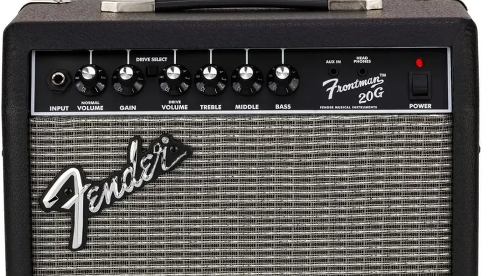 painel do Fender Frontman 20G: input, normal volume, gain, drive select, drive volume, treble, middle e bass