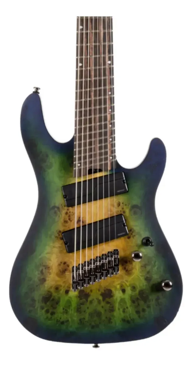 guitarra 8 cordas Cort KX508 Multi Scale II azul e verde, corpo com tampo de poplar burl