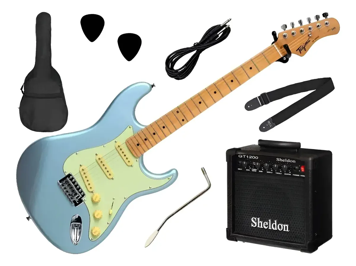 Kit Tagima TG-530 completo: guitarra sonic blue, amplificador Sheldon GT1200, capa, correia, cabo, palhetas e alavanca — foto 1 de 5