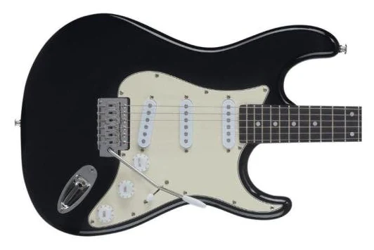 Memphis MG-30 preta, corpo strato com escudo mint e escala escura