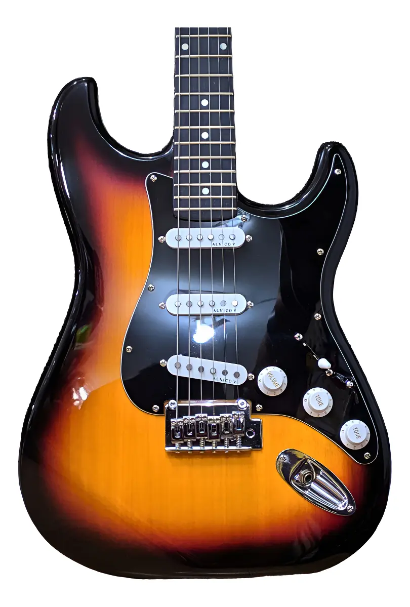guitarra Phoenix Stratocaster ST-1 ALV SB sunburst com escudo preto, vista de frente