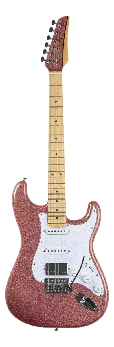 guitarra rosa Seizi Katana Musashi Fun HSS Rose Gold Sparkle de corpo super strato