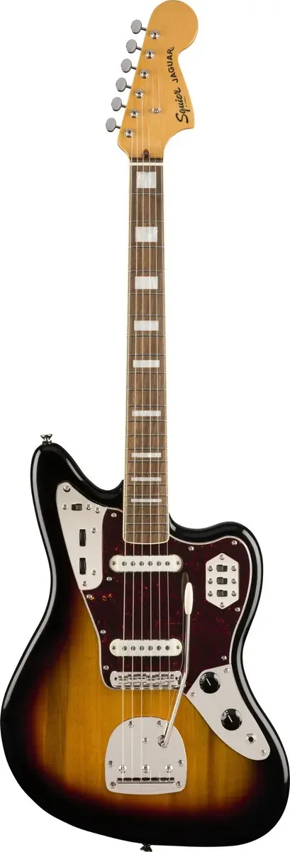 guitarra Jaguar Squier Classic Vibe 70s 3-color sunburst com pickguard branco, vista inteira