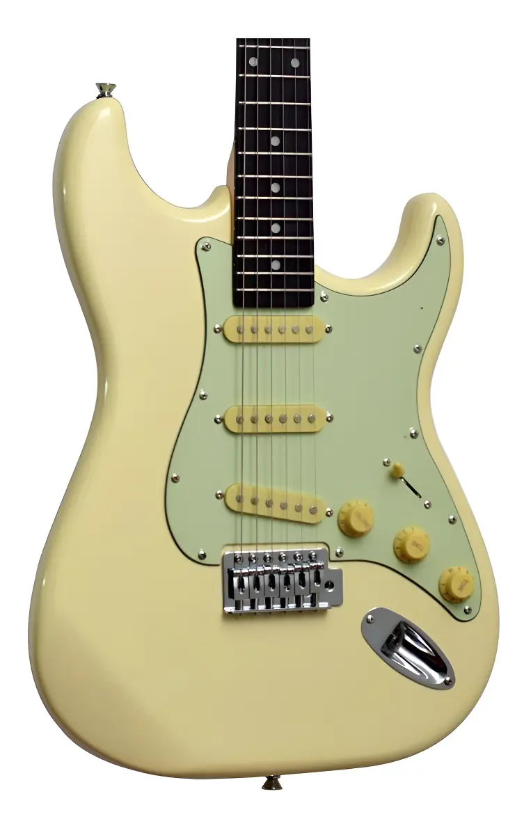 Tagima TG-500 Woodstock, close nos três captadores single coil e escudo Aged White — foto 4 de 5