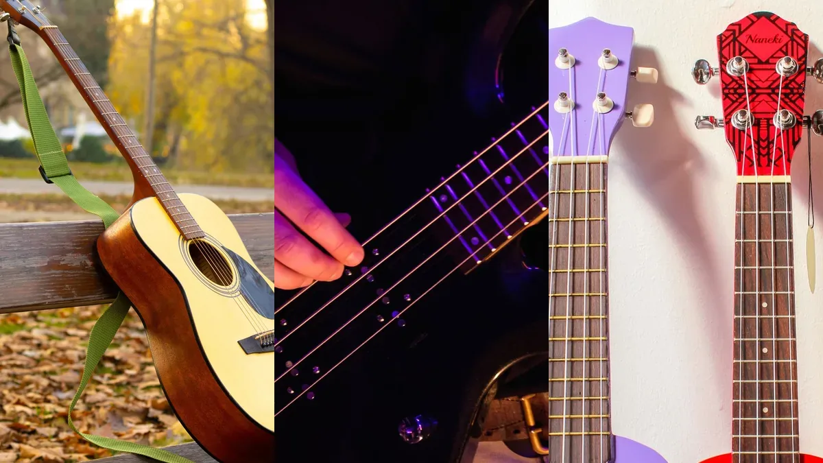 violão, baixo e ukulele lado a lado em uma montagem de instrumentos de corda