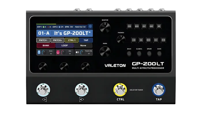 Painel da pedaleira Valeton GP-200LT com tela colorida e quatro footswitches — foto 1 de 2