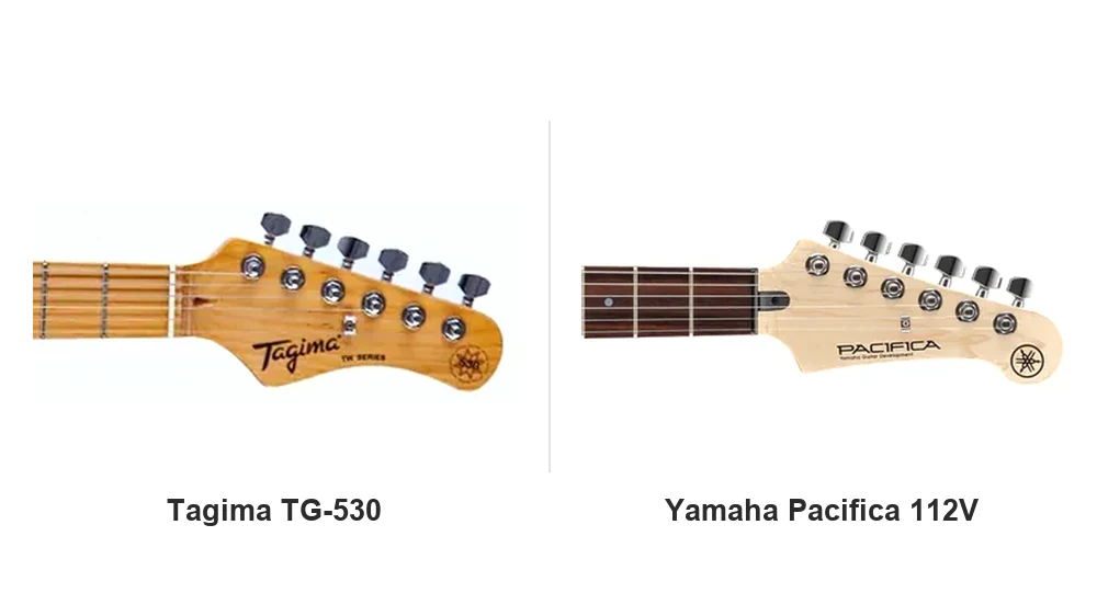 headstocks lado a lado: Tagima TG-530 à esquerda e Yamaha Pacifica 112V à direita