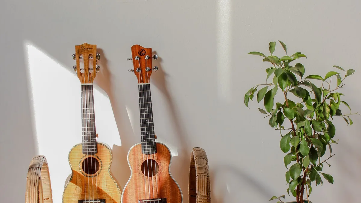 dois ukuleles de madeira apoiados na parede ao lado de uma planta, prontos para afinar