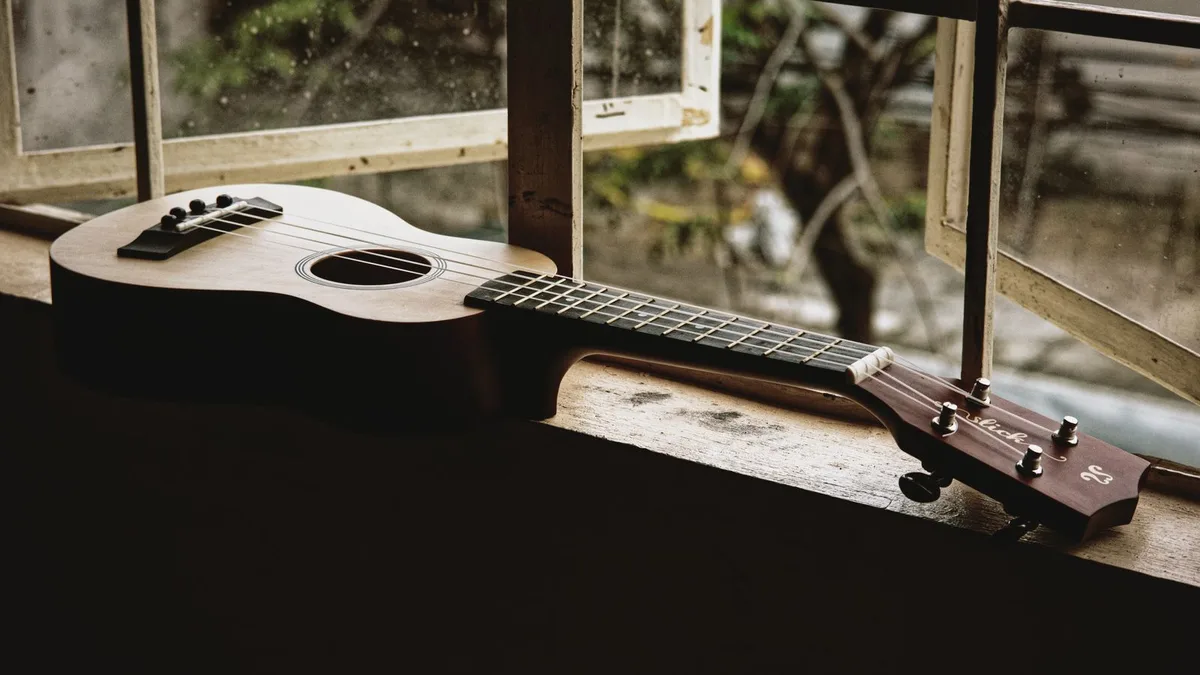 ukulele de madeira escura deitado em um parapeito de janela com luz natural