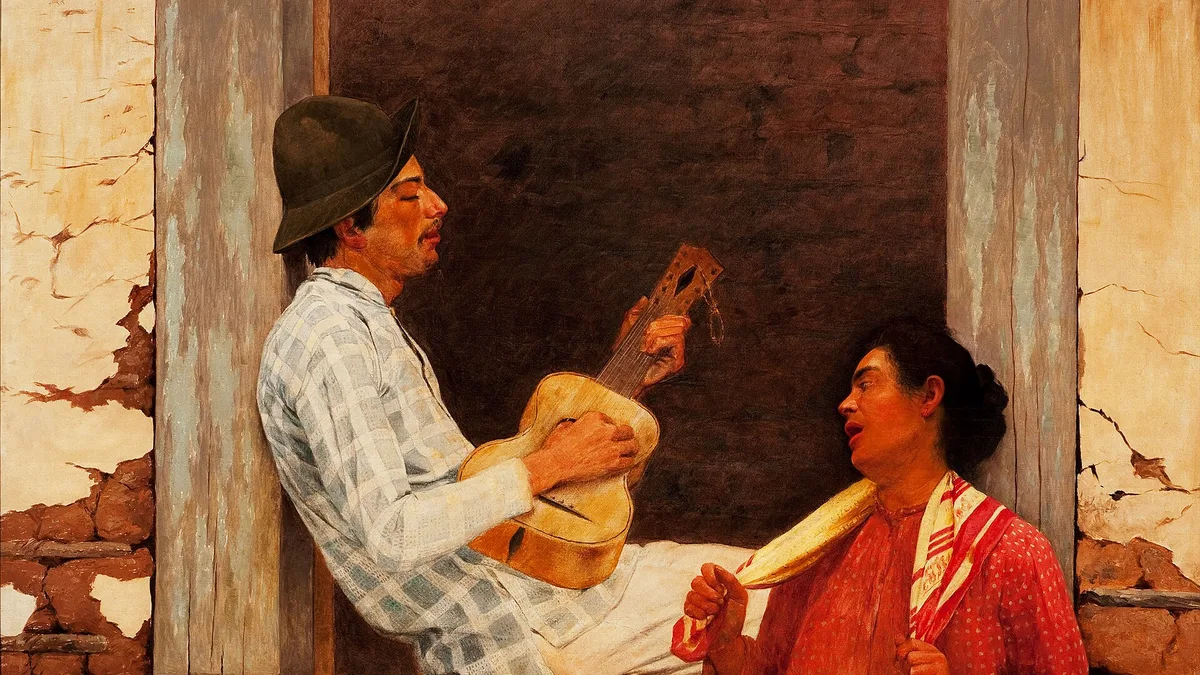 pintura de um violeiro sentado em uma janela de taipa tocando viola ao lado de uma mulher