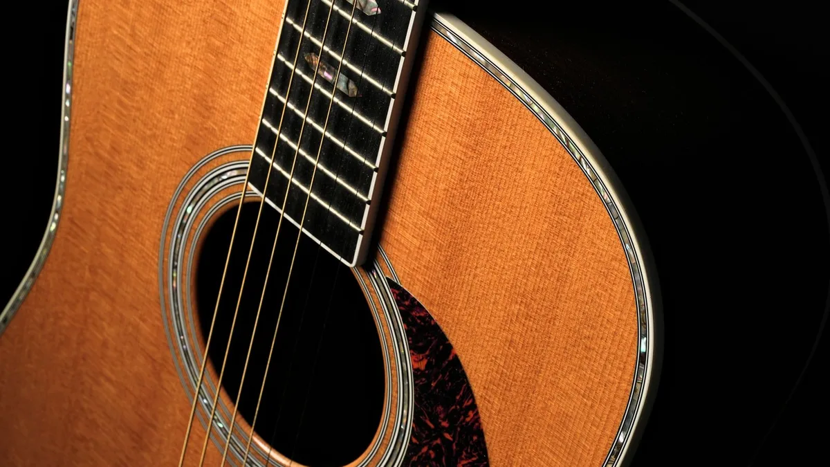violão folk de tampo cor de mel com roseta de madrepérola sobre fundo preto