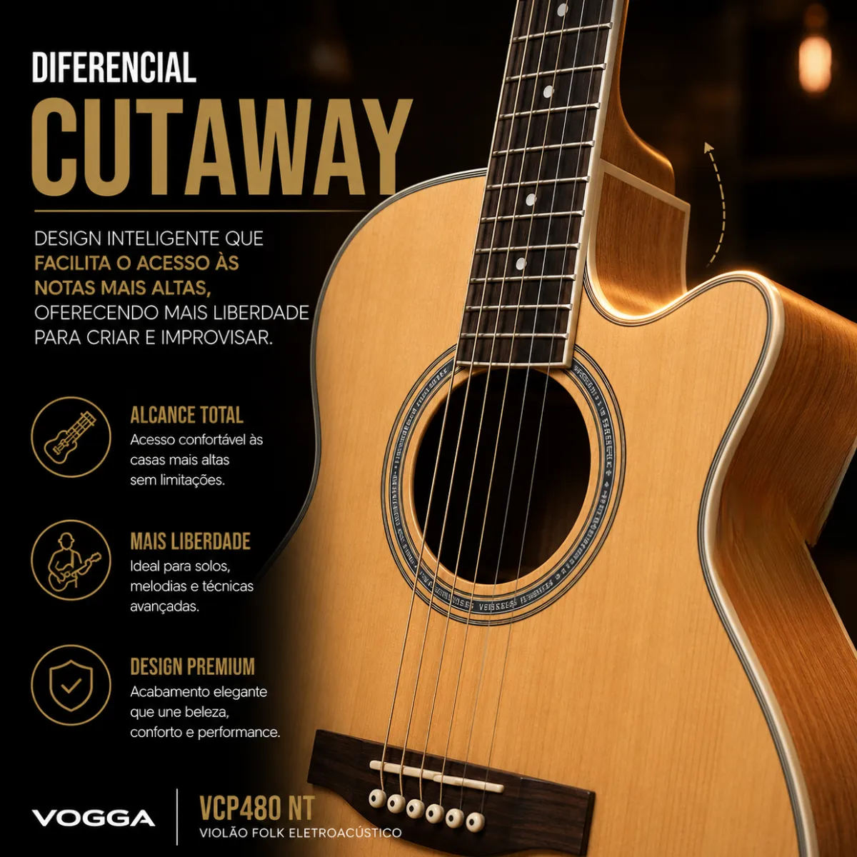 Violão folk eletroacústico Vogga Versalis VCP480 cutaway natural — foto 3 de 4