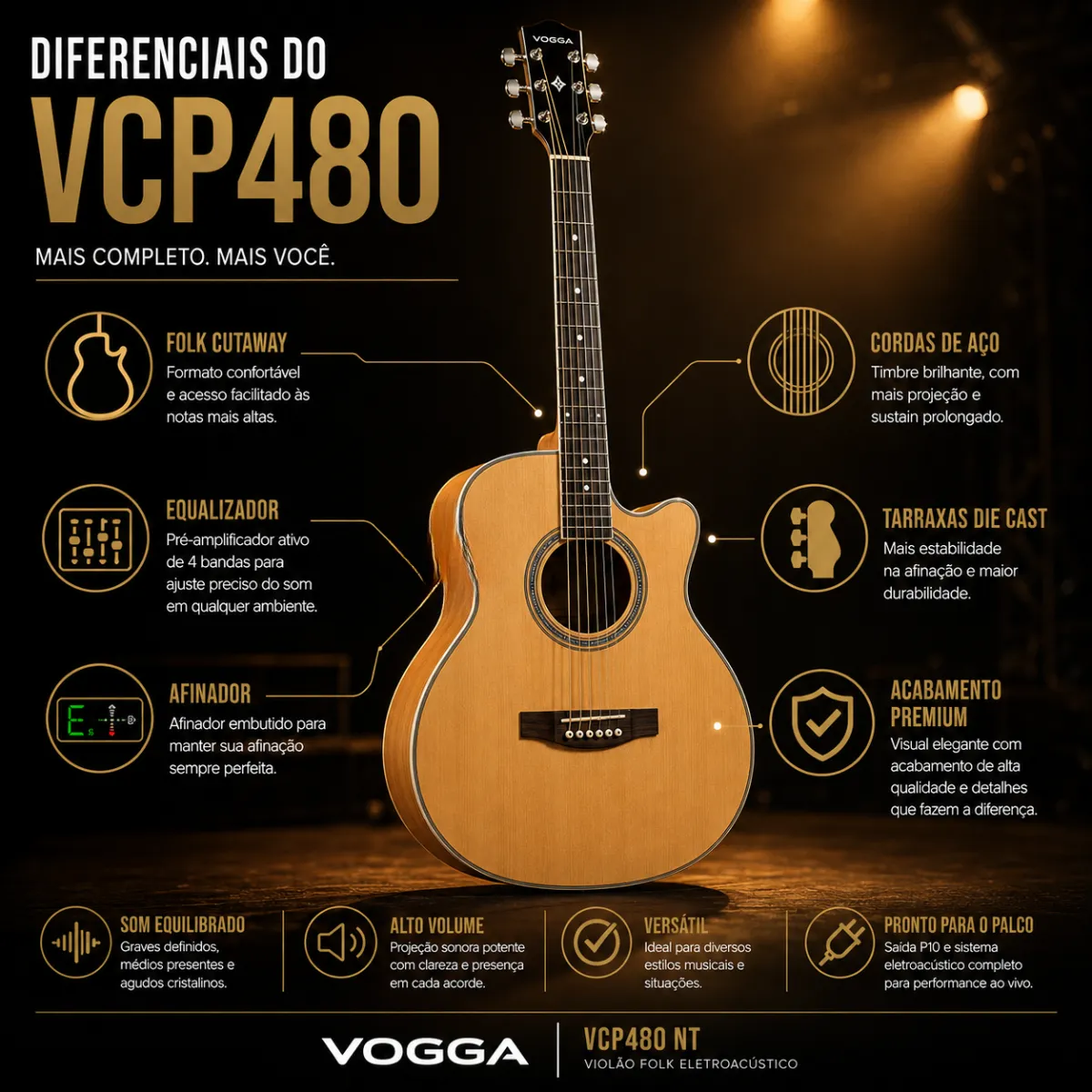 Violão folk eletroacústico Vogga Versalis VCP480 cutaway natural — foto 4 de 4