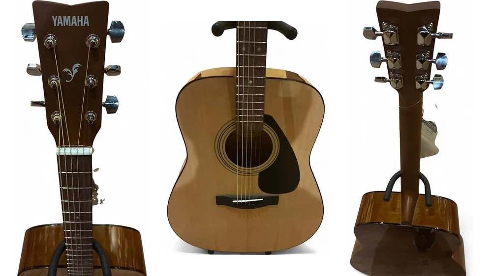 detalhes do violão Yamaha F310: headstock, corpo com escudo e costas do braço