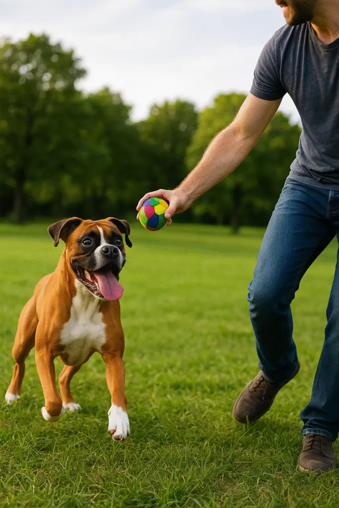 Boxer brincando com tutor no parque