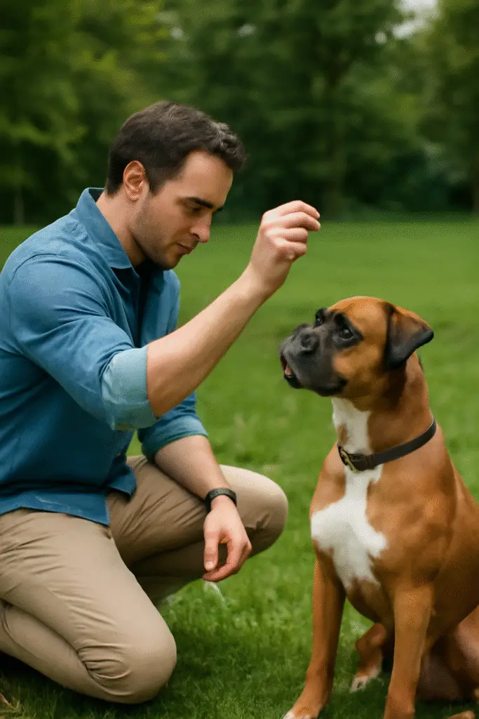 Tutor treinando um Boxer com petiscos e recompença